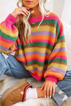Load image into Gallery viewer, Rose Red Rainbow Striped Knit Round Neck Puff Sleeve Sweater