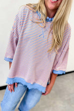 Load image into Gallery viewer, Sky Blue Stripe Colorblock Scalloped Trim Loose 3/4 Sleeve Top
