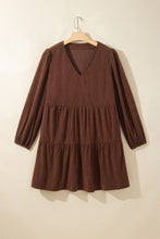 Load image into Gallery viewer, Coffee Winter Corduroy V Neck Long Sleeve Plus Size Mini Dress
