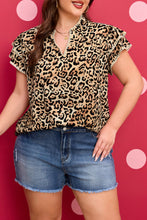 Load image into Gallery viewer, Khaki Plus Size Leopard Print Stitch Detail Ruffled Short Sleeve Blouse