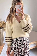 Load image into Gallery viewer, Beige V Neck Leopard Striped Detail Long Sleeve Casual Sweater