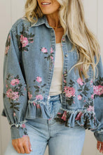 Load image into Gallery viewer, Sky Blue Floral Print Raw Seam Ruffle Hem Denim Jacket