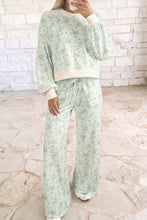 Load image into Gallery viewer, Sky Blue Floral Print Long Sleeve Top Drawstring Wide Leg Pants Set