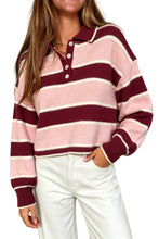 Load image into Gallery viewer, Pink Striped Polo Collar Long Sleeve Ribbed Cuff Casual Knit Sweater