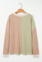 Load image into Gallery viewer, Green Plus Mixed Texture Color Block Patchwork V Neck Long Sleeve Top