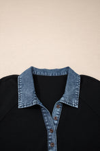 Load image into Gallery viewer, Black Plus Size Textured Contrast Denim Patchwork Button Polo Tee