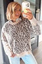 Load image into Gallery viewer, Beige Leopard Print Ribbed Color Block Trim Pullover Sweater