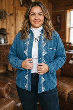 Load image into Gallery viewer, Blue Embroidered Corduroy V-Neck Long Sleeve Plus Size Shirt