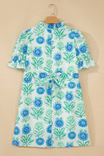 Load image into Gallery viewer, Sky Blue Floral Print Half Button Frilly Short Sleeve Dress