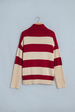 Load image into Gallery viewer, Red Stripe Ribbed Trim High Neck Relaxed Pullover Sweater