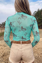 Load image into Gallery viewer, Aruba Blue Western Print High Neck Long Sleeve Sheath Mesh Top