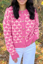 Load image into Gallery viewer, Pink Heart Pattern Drop Shoulder Long Sleeve Button Front Cardigan