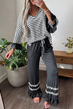 Load image into Gallery viewer, Gray Stripe V Neck Ruffle Contrast Sleeve Top Drawstring Pants 2pcs Set