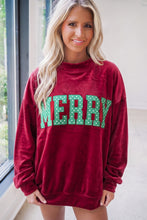 Load image into Gallery viewer, Burgundy Christmas Velvet Graphic Print Long Sleeve Sweatshirt