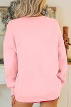 Load image into Gallery viewer, Gossamer Pink Drop Shoulder Round Neck Towel Embroidery Slogan Pullover Sweater