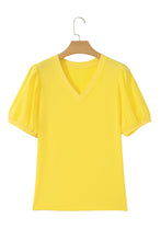 Load image into Gallery viewer, Turquoise Solid Color V Neck Short Puff Sleeve Blouse