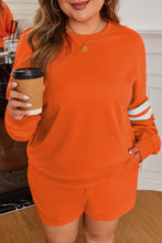 Load image into Gallery viewer, Orange Plus Size Varsity Striped Drop Shoulder Pullover Drawstring Elastic Waistband Short Set