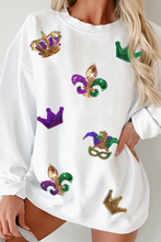 Load image into Gallery viewer, White Sequin Mardi Gras Symbol Crown Mask Patched Corded Sweatshirt
