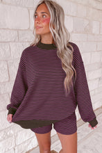 Load image into Gallery viewer, Blue Stripe Ribbed Patchwork Mock Neck Baggy Pullover Matching Shorts Set