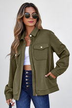 Load image into Gallery viewer, Blackish Green Solid Color Zip Up Button Flap Pocket Shirt Collar Jackets