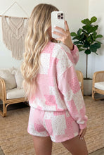 Load image into Gallery viewer, Light Pink Patchwork Floral Print Drop Shoulder Baggy Pullover Drawstring Shorts Set