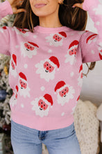 Load image into Gallery viewer, Pink Cartoon Santa Pattern Round Neck Dropped Shoulder Sweater