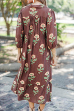 Load image into Gallery viewer, Brown Floral Print V-Neck Long Sleeve Loose Shift Plus Size Dress