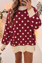 Load image into Gallery viewer, Red Polka Dot Pattern Ribbed Colorblock Trim Split Tunic Sweater
