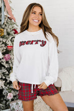 Load image into Gallery viewer, White Plaid Merry Slogan Embroidered Pocket Long Sleeve Shift Lounge Set