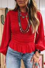 Load image into Gallery viewer, Bright Green Solid Color Smocked Ruffle Hem Long Sleeve Blouse