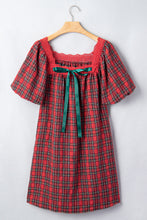 Load image into Gallery viewer, Red Plaid Square Collar Lace Trim Short Sleeve Shift Mini Dress