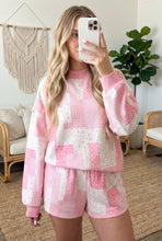 Load image into Gallery viewer, Light Pink Patchwork Floral Print Drop Shoulder Baggy Pullover Drawstring Shorts Set