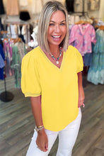 Load image into Gallery viewer, Turquoise Solid Color V Neck Short Puff Sleeve Blouse