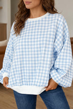 Load image into Gallery viewer, Light Blue Plaid Round Neck Long Sleeve Sweatshirt