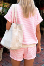 Load image into Gallery viewer, Pink Stripe Contrast Trim High Neck Short Sleeve LAKE WEEKEND 2pcs Short Set