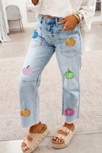 Load image into Gallery viewer, Beau Blue Sequin Pumpkin Patched Graphic Casual Shift Jeans