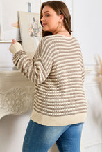 Load image into Gallery viewer, Khaki Stripe Plus Size V Neck Drop Shoulder Sweater