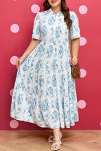 Load image into Gallery viewer, Sky Blue Plus Size Geometric Floral Print Button Split Neck Short Sleeve Maxi Dress