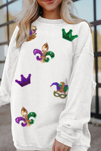 Load image into Gallery viewer, White Sequin Mardi Gras Symbol Crown Mask Patched Corded Sweatshirt