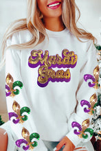 Load image into Gallery viewer, Beige Sequin Mardi Gras Patched Pattern Fleur de Lis Sleeve Sweatshirt