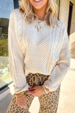 Load image into Gallery viewer, Beige Solid Color Cable Detail Knit Loose Round Neck Sweater