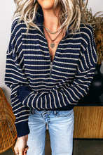 Load image into Gallery viewer, Blue Stripe Textured Knit Half Zip Collared Long Sleeve Top