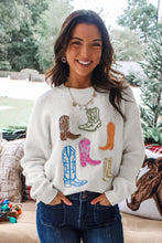 Load image into Gallery viewer, White Western Boots Embroidered Graphic Drop Shoulder Pullover Sweater
