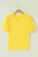 Load image into Gallery viewer, Turquoise Solid Color V Neck Short Puff Sleeve Blouse