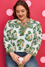 Load image into Gallery viewer, Green Plus Size Floral Printed Contrast Patchwork Detail Tassel Tie 3/4 Sleeve Blouse