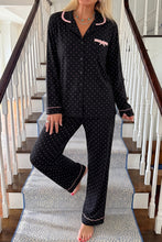 Load image into Gallery viewer, Black Polka Dot Long Sleeve Shirt Lace Detail Two Piece Pajama Pant Set