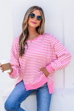 Load image into Gallery viewer, Pink Stripe Textured Knit Color Block Trim Split Hem Long Sleeve Top