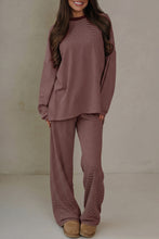 Load image into Gallery viewer, Beige Stripe Contrast Trim Round Neck Oversize Long Sleeve Top 2pcs Pant Set