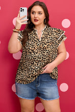 Load image into Gallery viewer, Khaki Plus Size Leopard Print Stitch Detail Ruffled Short Sleeve Blouse