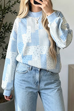 Load image into Gallery viewer, Sky Blue Patchwork Floral Print Mock Neck Long Sleeve Sweatshirt